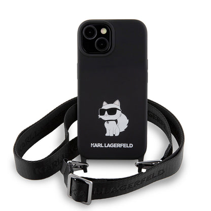 Θήκη για Apple iPhone 15, Karl Lagerfeld, Silicone Crossbody Choupette, Μαύρη