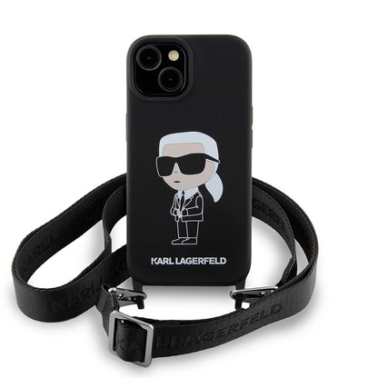 Θήκη για Apple iPhone 15, Karl Lagerfeld, Silicone Crossbody Ikonik Karl, Μαύρη
