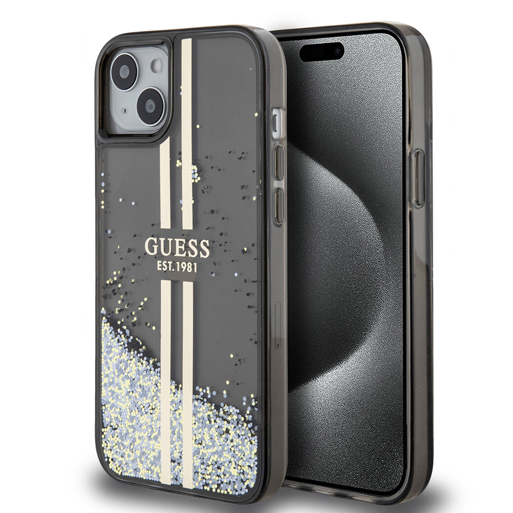 Θήκη για Apple iPhone 15 Plus, Guess, Liquid Glitter Gold Stripes, Μαύρη