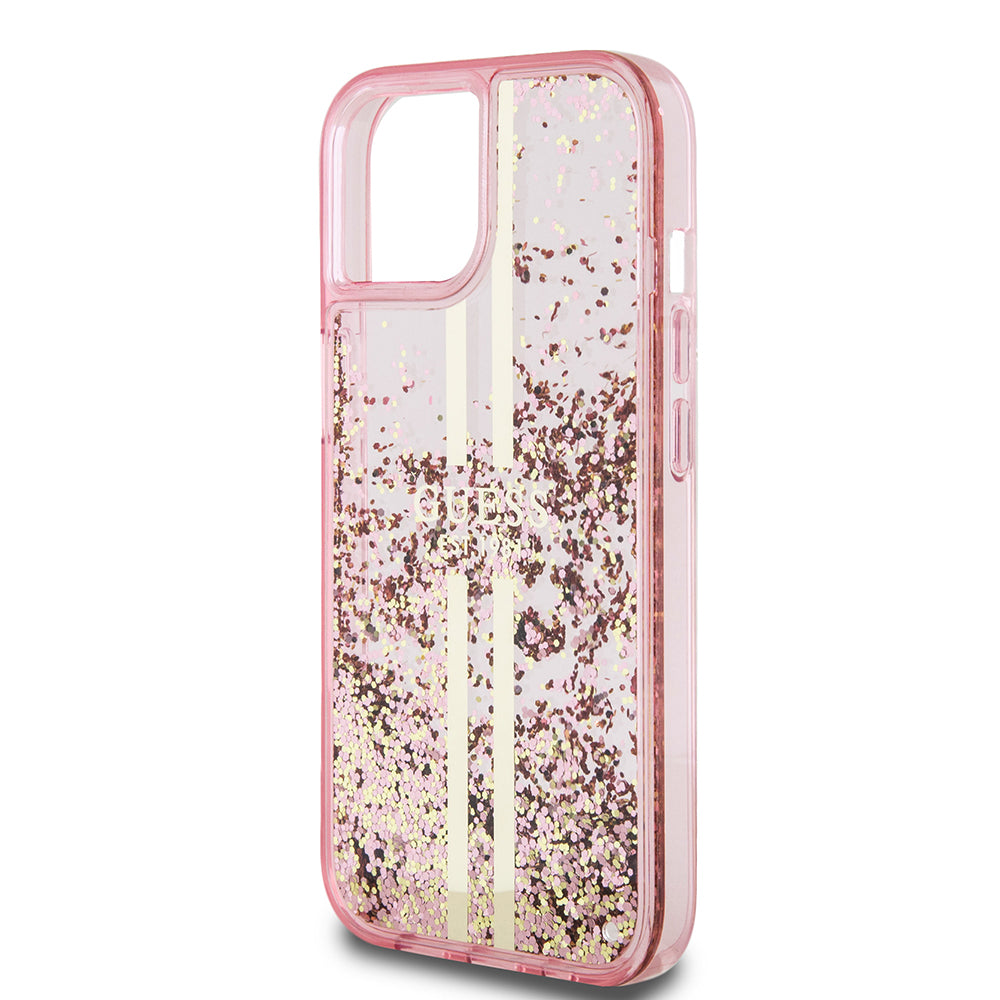 Θήκη για Apple iPhone 15 Plus, Guess, Liquid Glitter Gold Stripes, Ροζ