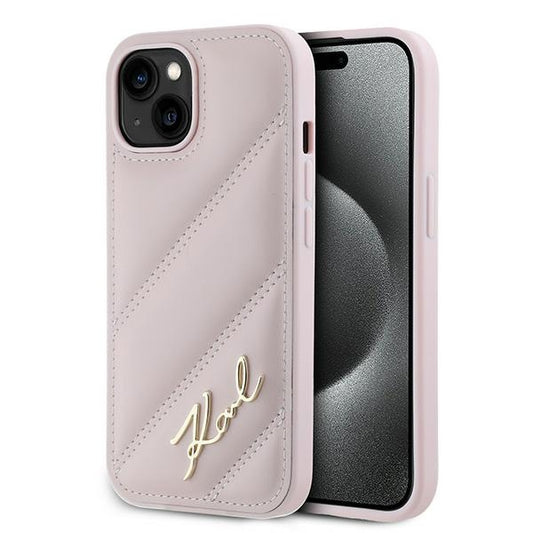 Θήκη για Apple iPhone 15 Plus, Karl Lagerfeld, Diagonal Quilted Script, Ροζ