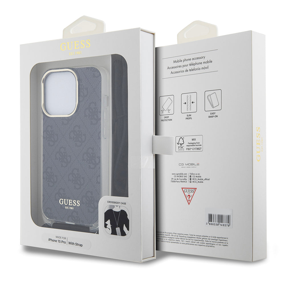 Θήκη για Apple iPhone 15 Pro, Guess, Crossbody Cord 4G Print, Μαύρη