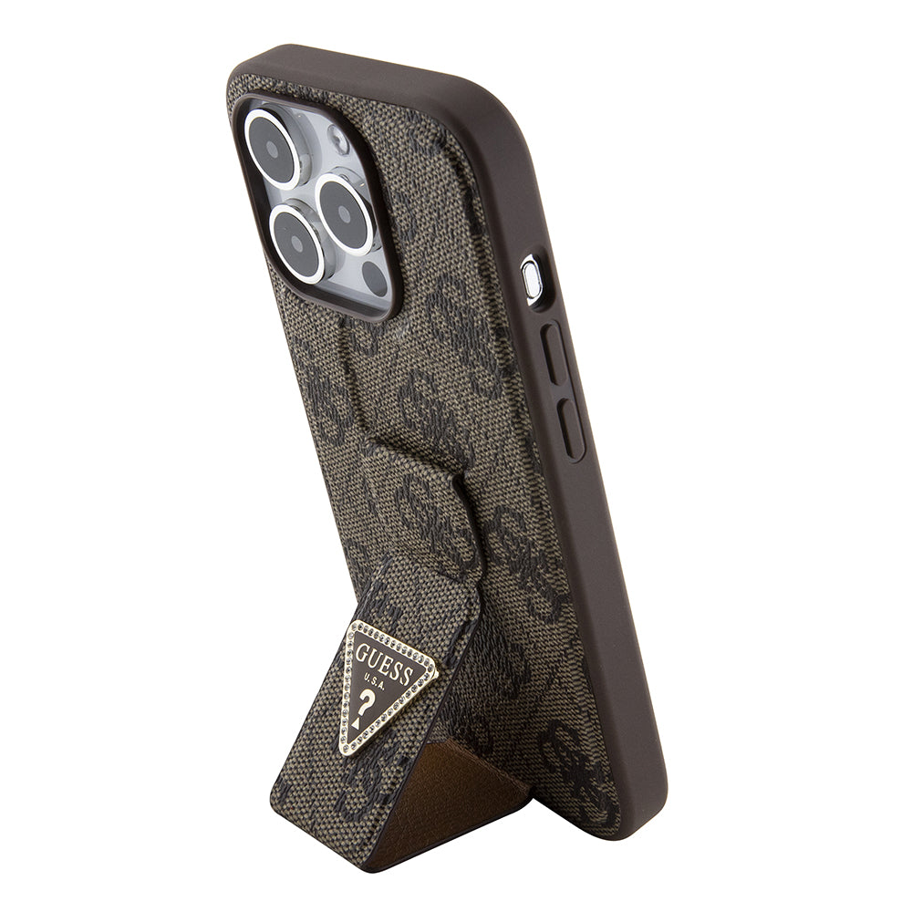 Case for Apple iPhone 15 Pro, Guess, Grip Stand 4G Triangle Strass, Brown