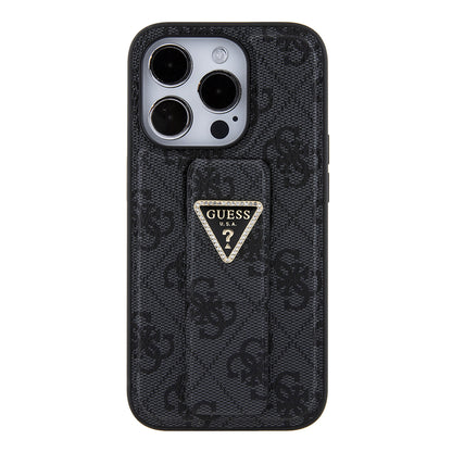 Θήκη για Apple iPhone 15 Pro, Guess, Grip Stand 4G Triangle Strass, Μαύρη