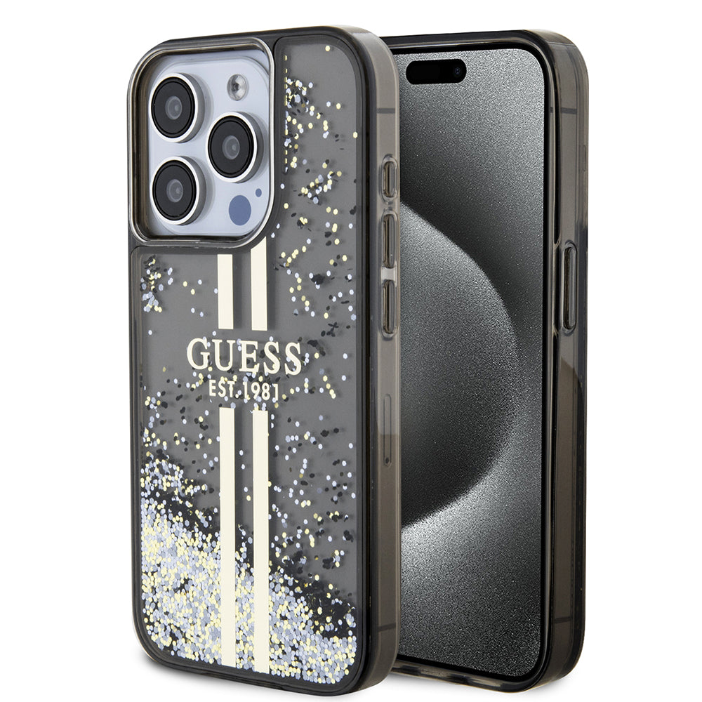 Θήκη για Apple iPhone 15 Pro, Guess, Liquid Glitter Gold Stripe, Μαύρη