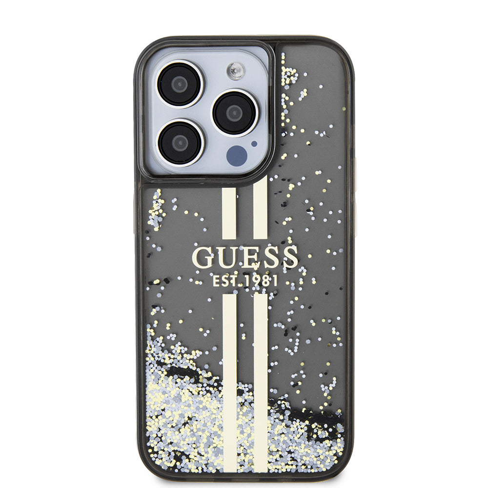 Θήκη για Apple iPhone 15 Pro, Guess, Liquid Glitter Gold Stripe, Μαύρη