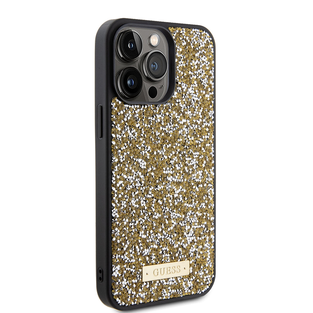 Case for Apple iPhone 15 Pro, Guess, Rhinestone Metal Logo, Yellow