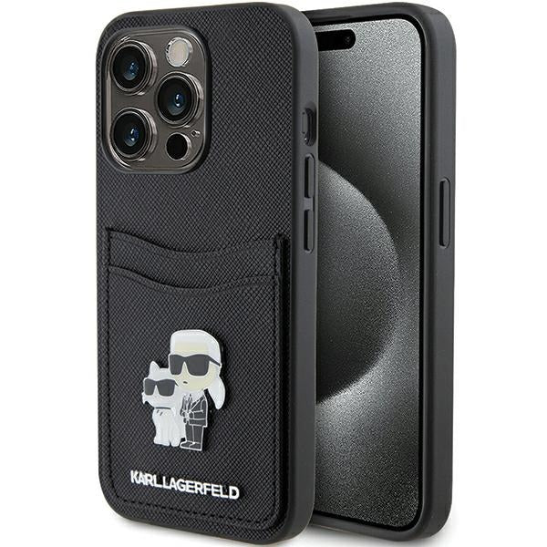 Θήκη για Apple iPhone 15 Pro, Karl Lagerfeld, Saffiano Card Slot Metal Karl & Choupette, Μαύρη