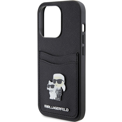 Θήκη για Apple iPhone 15 Pro, Karl Lagerfeld, Saffiano Card Slot Metal Karl & Choupette, Μαύρη