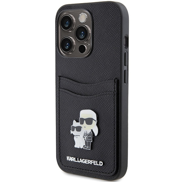 Θήκη για Apple iPhone 15 Pro, Karl Lagerfeld, Saffiano Card Slot Metal Karl & Choupette, Μαύρη
