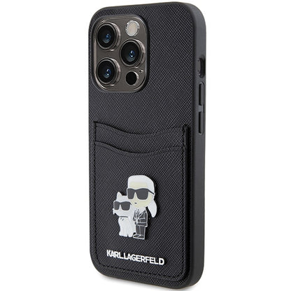 Θήκη για Apple iPhone 15 Pro, Karl Lagerfeld, Saffiano Card Slot Metal Karl & Choupette, Μαύρη
