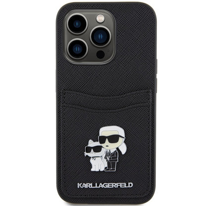 Θήκη για Apple iPhone 15 Pro, Karl Lagerfeld, Saffiano Card Slot Metal Karl & Choupette, Μαύρη
