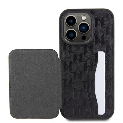 Case for Apple iPhone 15 Pro, Karl Lagerfeld, Saffiano Cardslots and Stand Monogram Ikonik Karl, Black