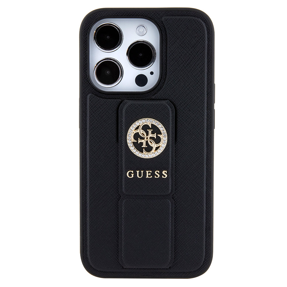 Θήκη για Apple iPhone 15 Pro Max, Guess, Grip Stand 4G Saffiano Strass, Μαύρη