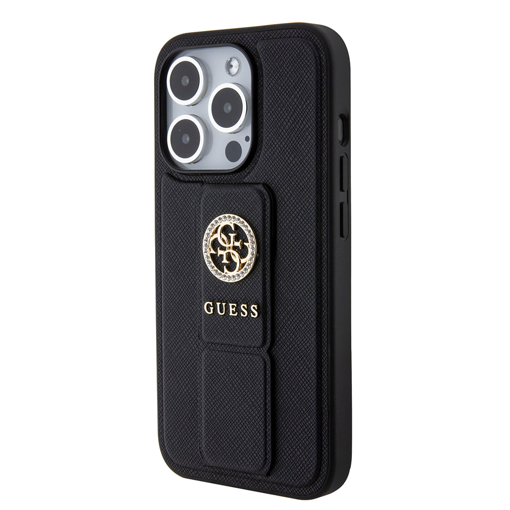 Θήκη για Apple iPhone 15 Pro Max, Guess, Grip Stand 4G Saffiano Strass, Μαύρη