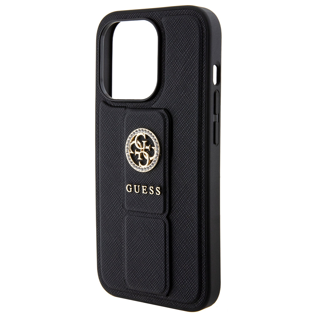 Θήκη για Apple iPhone 15 Pro Max, Guess, Grip Stand 4G Saffiano Strass, Μαύρη