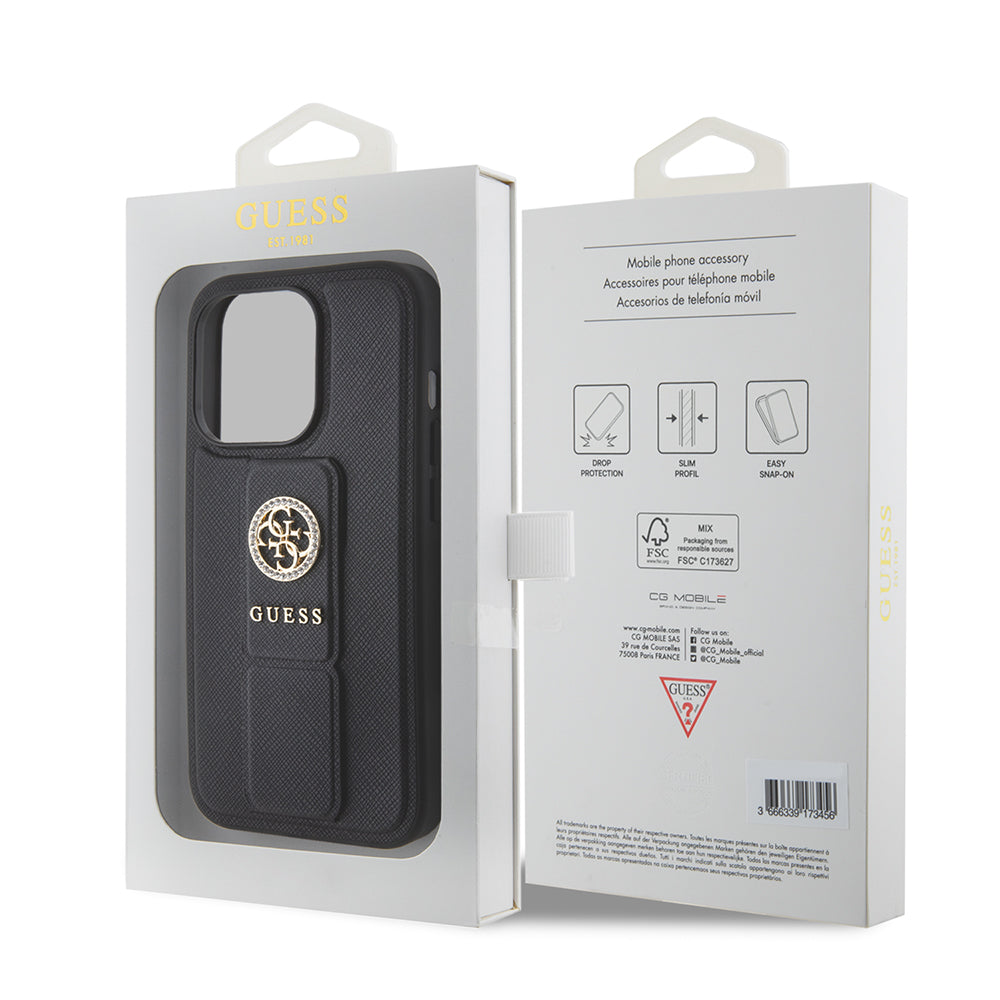 Θήκη για Apple iPhone 15 Pro Max, Guess, Grip Stand 4G Saffiano Strass, Μαύρη