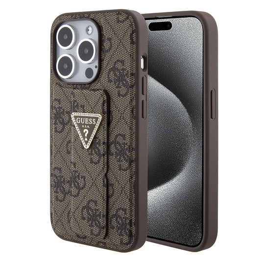 Θήκη για Apple iPhone 15 Pro Max, Guess, Grip Stand 4G Triangle Strass, Καφέ