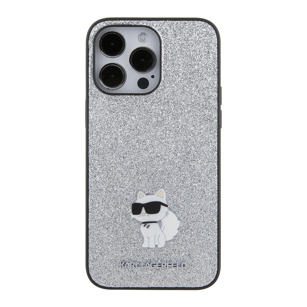Case for Apple iPhone 15 Pro Max, Karl Lagerfeld, Glitter Fixed Choupette Logo, Silver