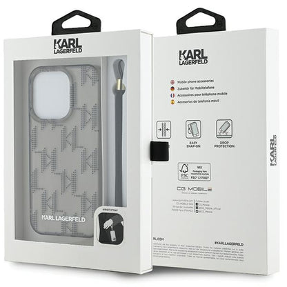 Case for Apple iPhone 15 Pro Max, Karl Lagerfeld, IML Luxury Monogram KL Pattern with Strap, Black
