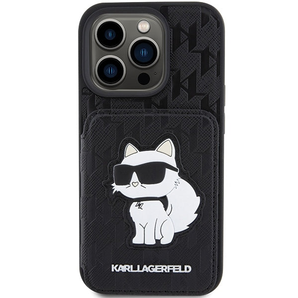 Θήκη για Apple iPhone 15 Pro Max, Karl Lagerfeld, Saffiano Cardslots and Stand Monogram Choupette, Μαύρη