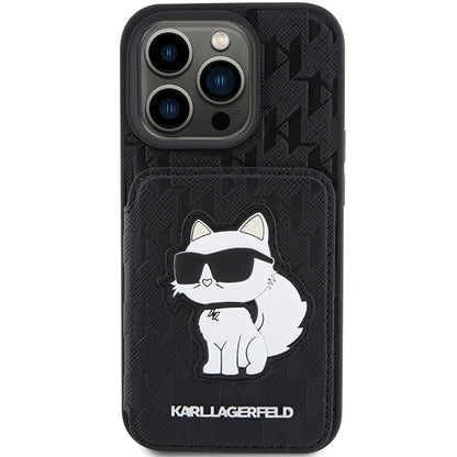 Θήκη για Apple iPhone 15 Pro Max, Karl Lagerfeld, Saffiano Cardslots and Stand Monogram Choupette, Μαύρη