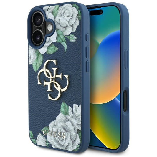 Θήκη για Apple iPhone 16, Guess, 4G Grained Roses Big Logo, Μπλε