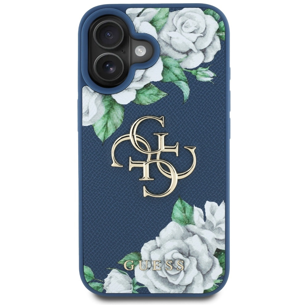 Θήκη για Apple iPhone 16, Guess, 4G Grained Roses Big Logo, Μπλε