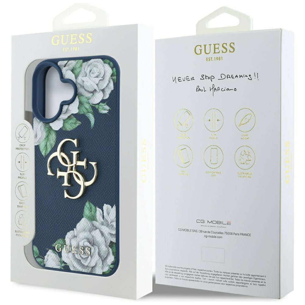 Θήκη για Apple iPhone 16, Guess, 4G Grained Roses Big Logo, Μπλε