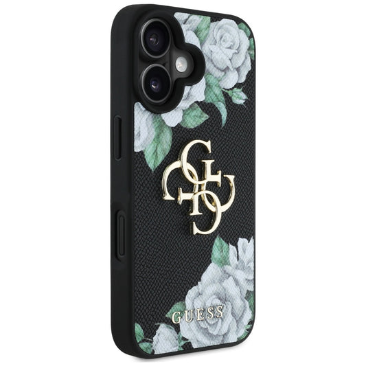 Θήκη για Apple iPhone 16, Guess, 4G Grained Roses Big Logo, Μαύρη