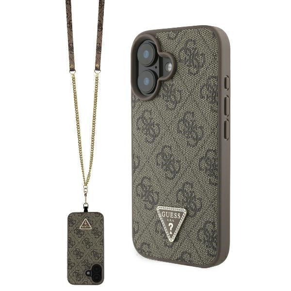 Θήκη για Apple iPhone 16, Guess, Crossbody 4G Triangle Strass, Καφέ