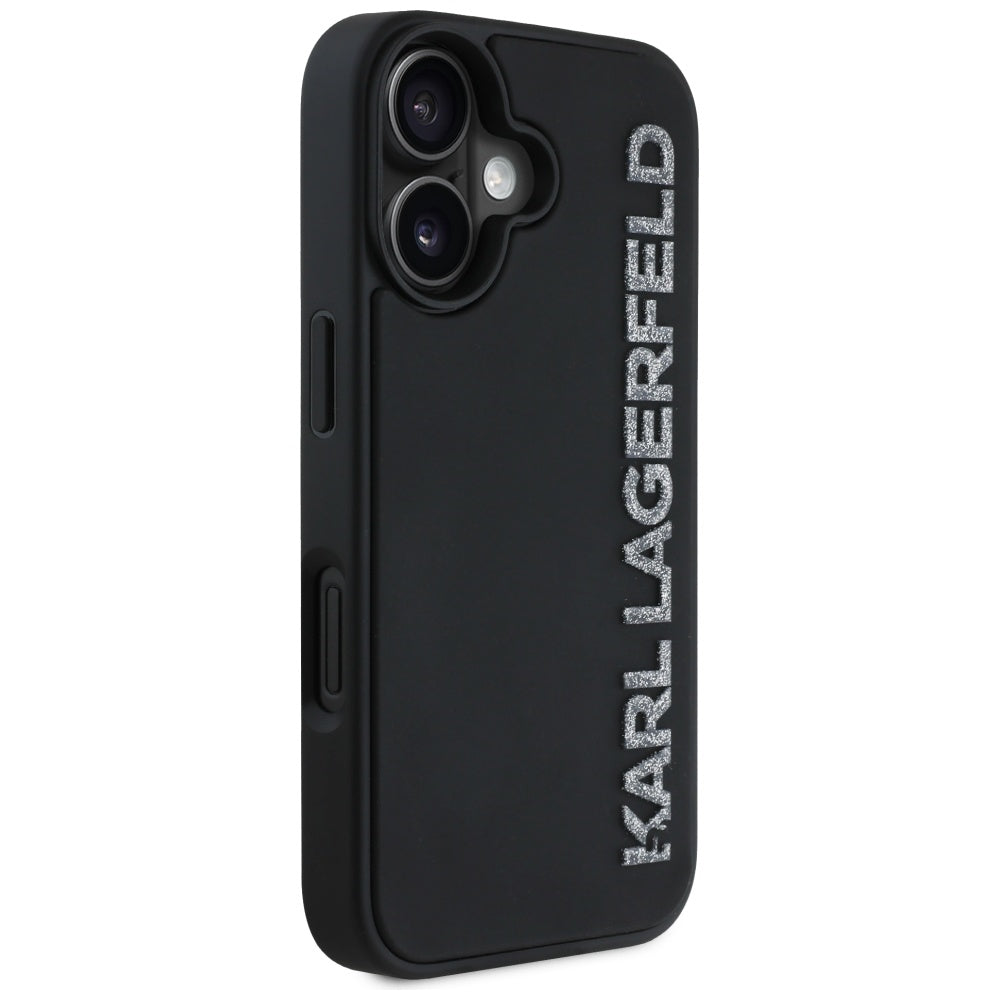 Θήκη για Apple iPhone 16, Karl Lagerfeld, 3D Rubber Elongated Glitter Logo, Μαύρη