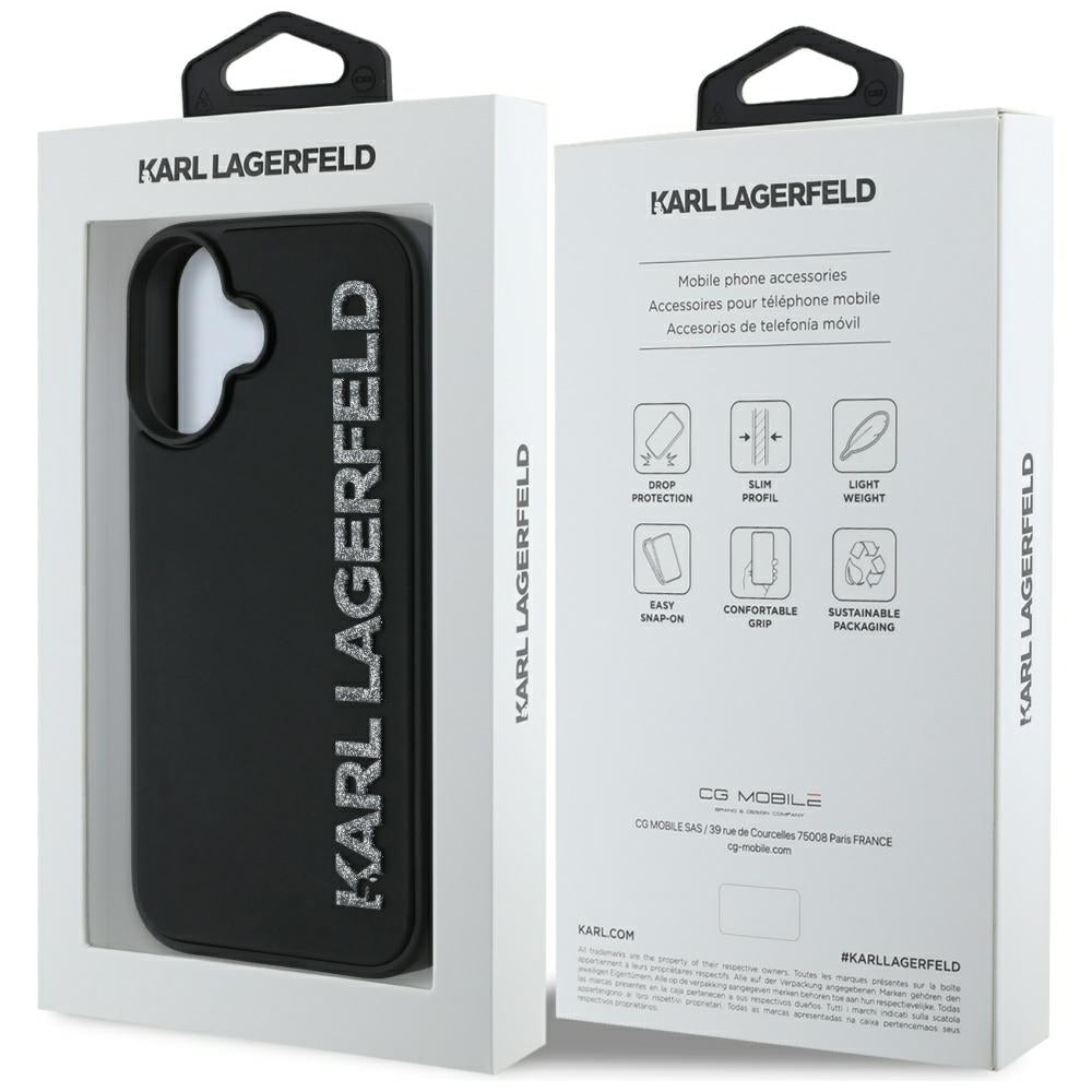 Θήκη για Apple iPhone 16, Karl Lagerfeld, 3D Rubber Elongated Glitter Logo, Μαύρη