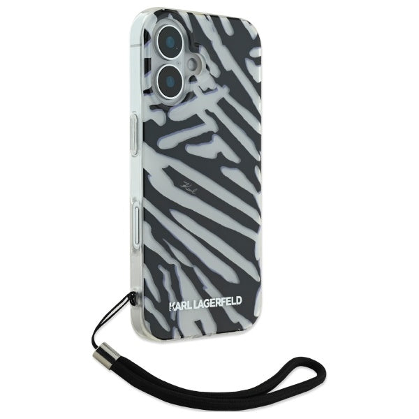 Θήκη για Apple iPhone 16, Karl Lagerfeld, IML Luxury Zebra Pattern with Strap, Μαύρη