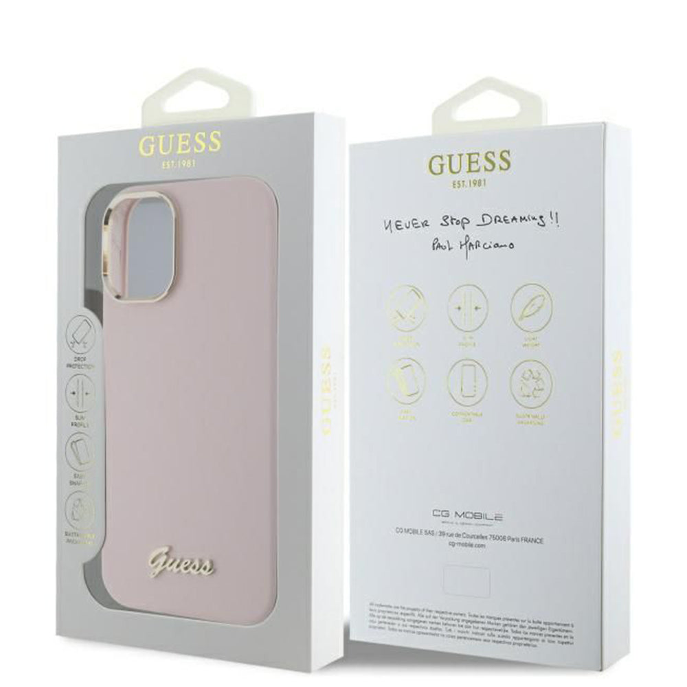 Θήκη για Apple iPhone 16 Plus, Guess, Script Metal Logo & Frame, Ροζ