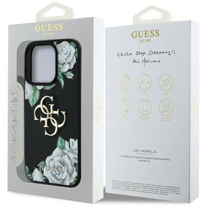 Θήκη για Apple iPhone 16 Pro, Guess, 4G Grained Roses Big Logo, Μαύρη