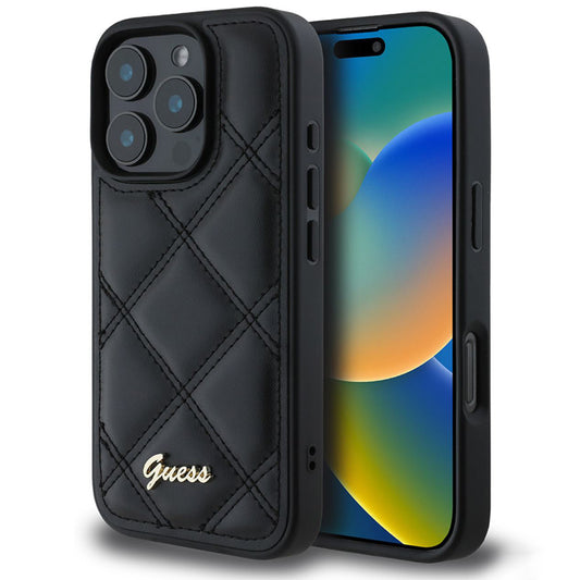 Case for Apple iPhone 16 Pro, Guess, Quilted Metal Logo, Black