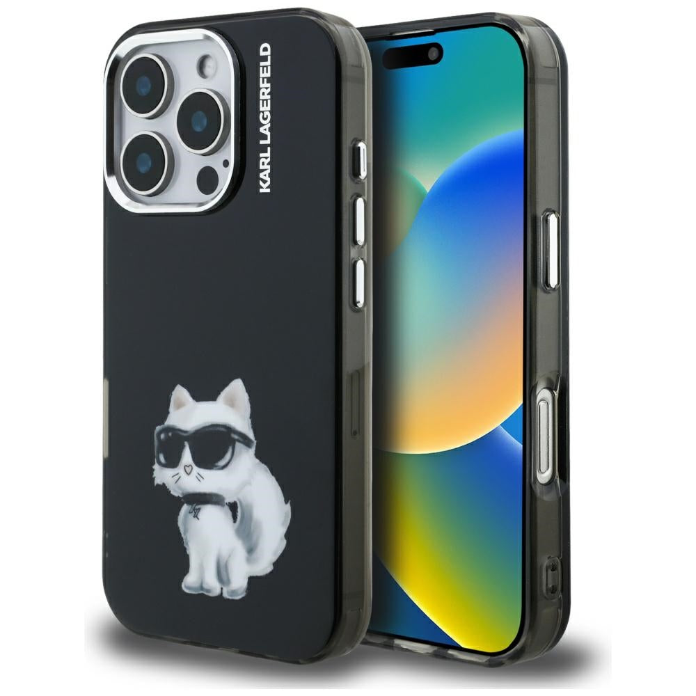 Case for Apple iPhone 16 Pro, Karl Lagerfeld, IML Aquarelle Logo Choupette, Black