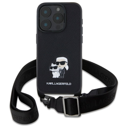 Θήκη για Apple iPhone 16 Pro, Karl Lagerfeld, Saffiano Crossbody Metal Pin Karl & Choupette, Μαύρη