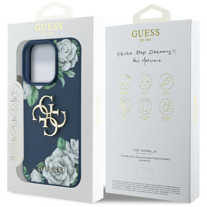 Case for Apple iPhone 16 Pro Max, Guess, 4G Grained Roses Big Logo, Blue