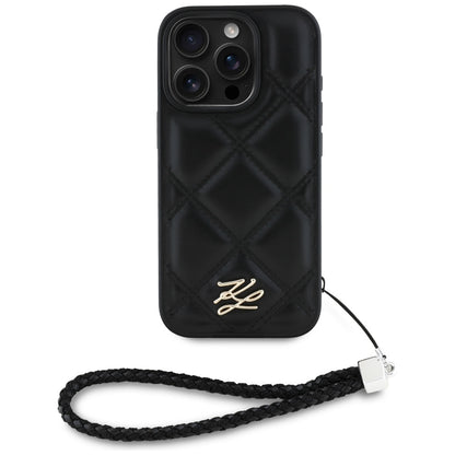 Case for Apple iPhone 16 Pro Max, Karl Lagerfeld, Quilted Initial Logo & Chain Strap, Black