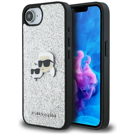 Θήκη για Apple iPhone 16e, Karl Lagerfeld, Glitter Fixed Karl & Choupette's Heads, Ασημί