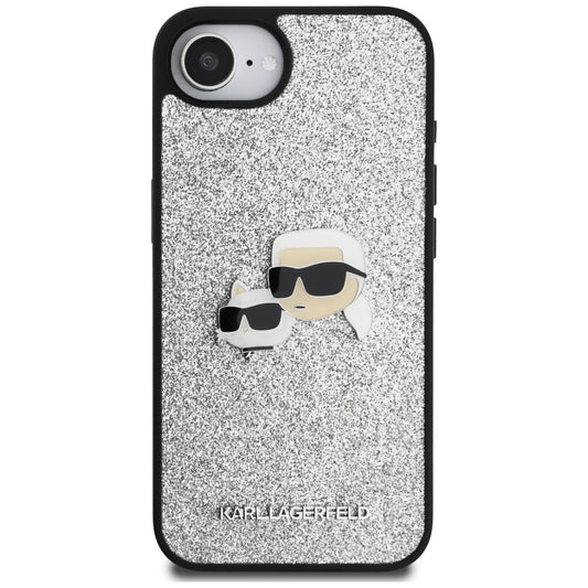 Θήκη για Apple iPhone 16e, Karl Lagerfeld, Glitter Fixed Karl & Choupette's Heads, Ασημί