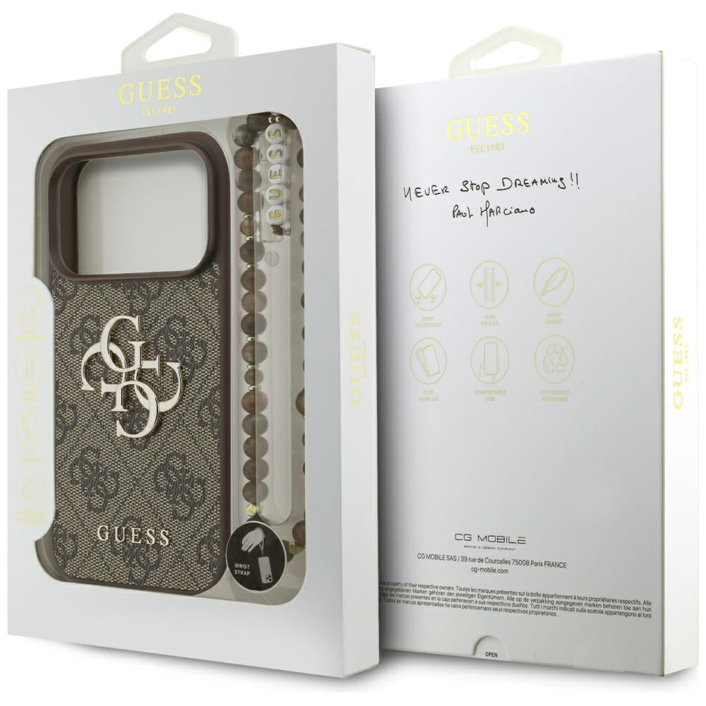 Case for Apple iPhone 17 Pro, Guess, 4G Classic Logo with Pearl Strap, Brown