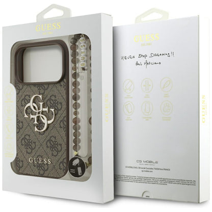 Case for Apple iPhone 17 Pro, Guess, 4G Classic Logo with Pearl Strap, Brown