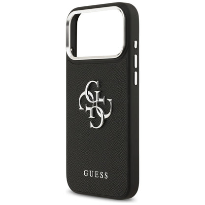 Case for Apple iPhone 17 Pro, Guess, 4G Grained Big and Classic Logo, Black Silver