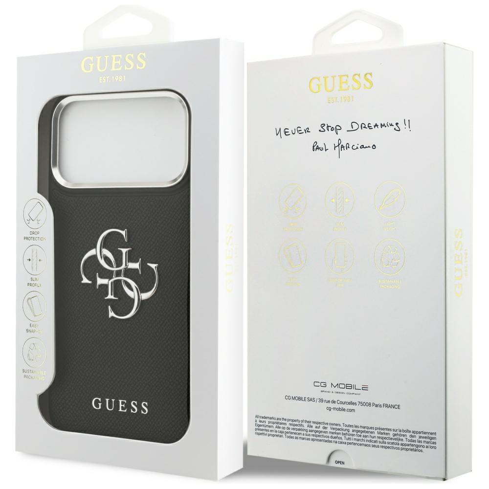 Case for Apple iPhone 17 Pro, Guess, 4G Grained Big and Classic Logo, Black Silver