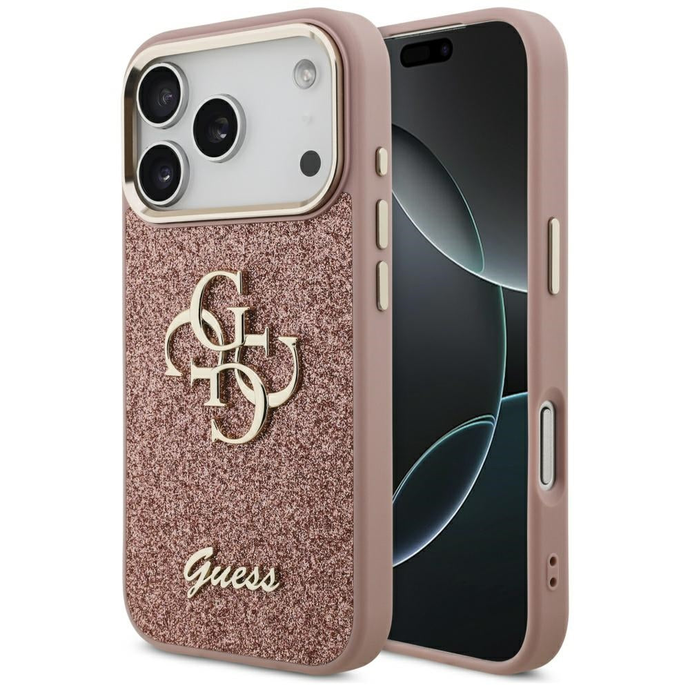 Θήκη για Apple iPhone 17 Pro, Guess, Fixed Glitter Big 4G Metal Frame, Ροζ