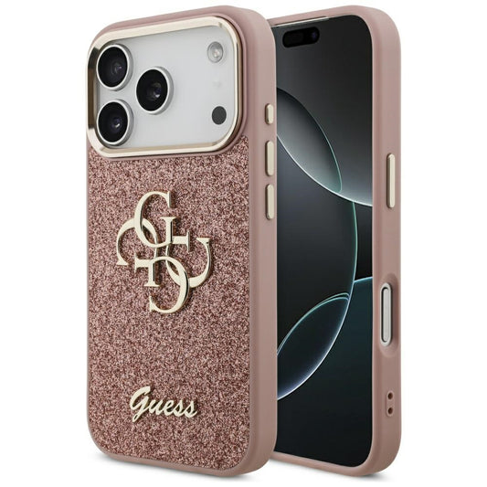 Θήκη για Apple iPhone 17 Pro, Guess, Fixed Glitter Big 4G Metal Frame, Ροζ