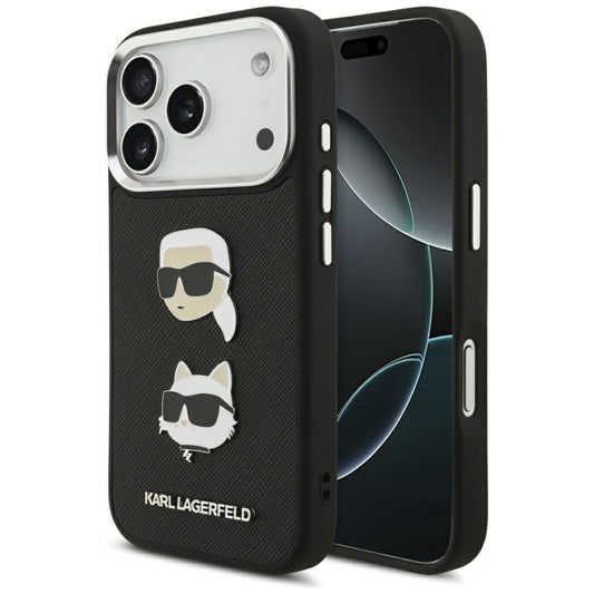 Θήκη για Apple iPhone 17 Pro, Karl Lagerfeld, Grained Karl & Choupette's Heads Pins and Logo, Μαύρη